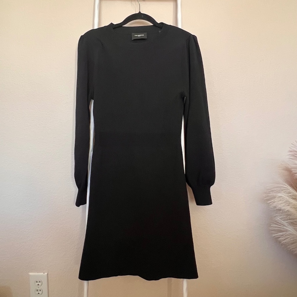 The Kooples Paris Black Knit Fit & Flare Dress Size 8 Long Sleeve Heavy Stretch